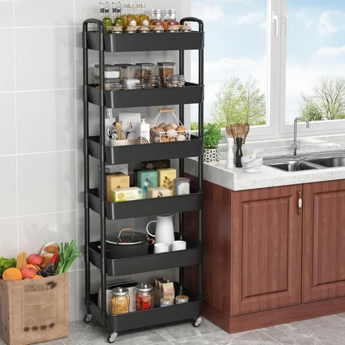 Vista 4 de Sywhitta - Carrito rodante de utilidad de 6 niveles de plástico con asa, carrito de almacenamiento multifuncional para oficina, sala de estar