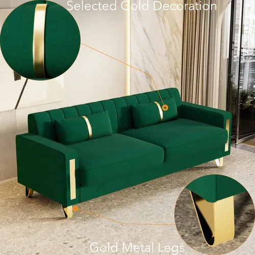 Vista 66 de Sofá moderno de terciopelo de 85.63 pulgadas con patas de metal dorado, tapizado grande de mediados de siglo, moderno, cómodo, sofás de 3 plazas