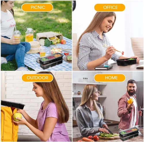 Vista 6 de Hushee Paquete de 5 recipientes pequeños de 17 onzas con 3 compartimentos para aperitivos con tapa, caja Bento de plástico desechable, cajas de Negro