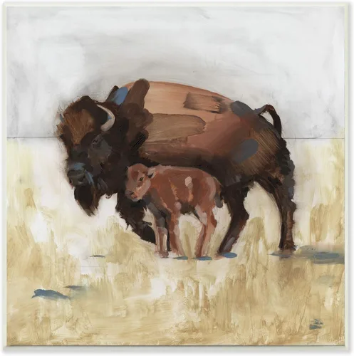 Stupell Industries Buffalo Family Tundra Landscape - Placa de pared con diseño de animales marrones, 12 x 12 pulgadas, diseño por el artista Jacob