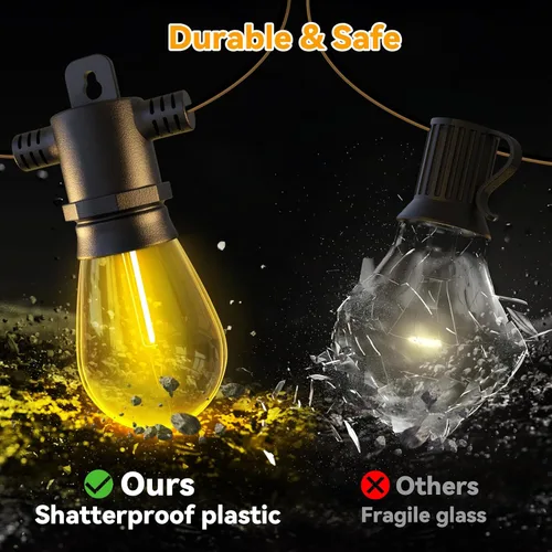 Vista 3 de Aialun Tira de luces para exteriores de 51 pies de 2200 K, color blanco cálido, luces LED S14 de plástico inastillable, luces Edison de plástico