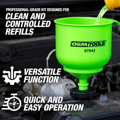 Vista 2 de OEMTOOLS 87043 Kit de embudo de refrigerante antiderrames de calidad profesional, kit de embudo de refrigerante anticongelante de fácil llenado