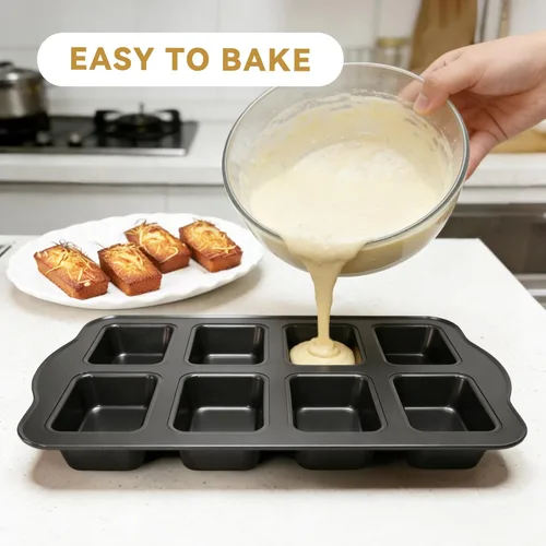 Vista 6 de Molde para hornear mini pan de 8 cavidades, sartén antiadherente para pastel de brownie, bandeja cuadrada de acero al carbono para hornear al horno