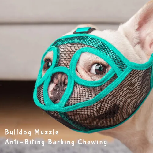 Vista 2 de Bozal de malla ajustable para perro con hocico corto para bulldog ajustable, impide morder, ladrar, masticar