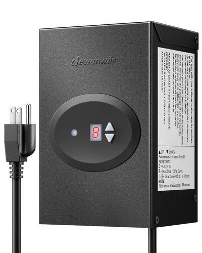 DEWENWILS Transformador de Paisaje de Bajo Voltaje de 120W, Transformador para Exteriores con Temporizador y Sensor de Fotocélula, 120V AC a 12V AC,