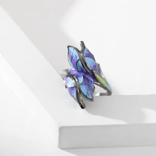 Vista 6 de Black Gothic Butterfly Rings for Women - Enamel Copper Blue Flower Colorful Ring