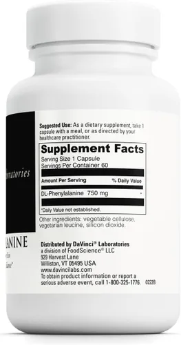Vista 2 de DAVINCI Labs DL-fenilalanina - Suplemento dietético de aminoácidos para apoyar la comodidad, el equilibrio y las molestias* - con 750 mg
