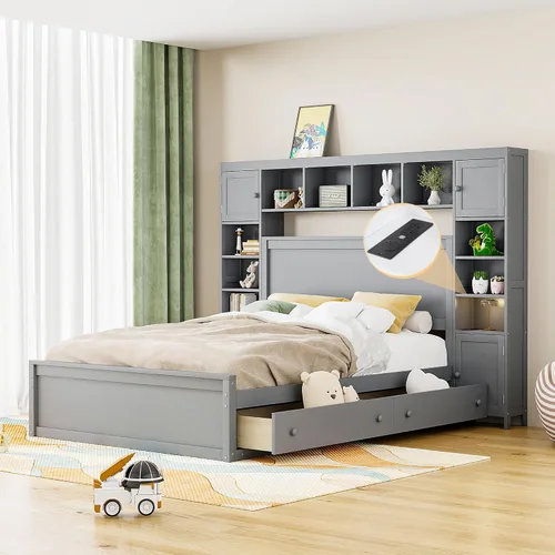 Vista 17 de Versátil cama de plataforma de madera tamaño Queen con armario y nido todo en uno, estante y enchufes, para niños, adolescentes y adultos, uso