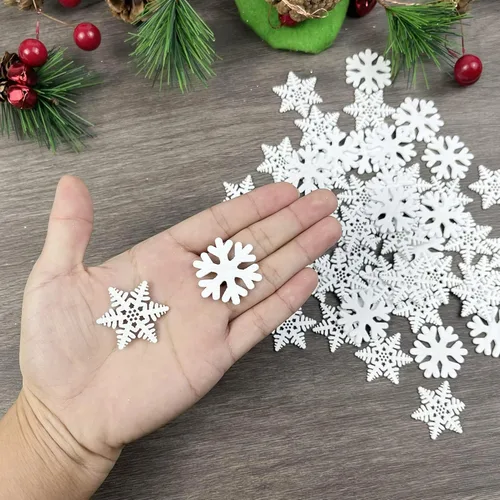 Vista 3 de 300 piezas de rebanadas de madera de copo de nieve, adornos de copos de nieve blancos de Navidad, adornos de copo de nieve, recortes de madera