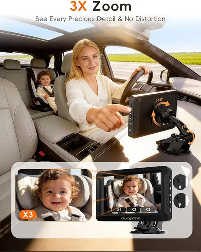 Vista 6 de S100C Car Camera for Baby USB Powered, Crystal Clear Auto IR Night Vision in Total Dark, Adjust Brightness & 1080P 5" IPS Monitor, 3X Zoom & 360°