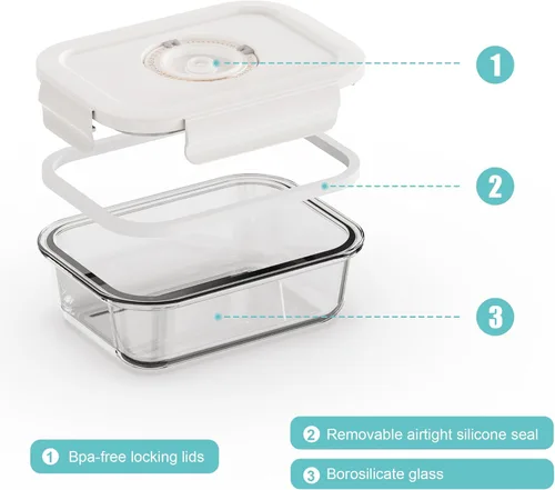 Vista 3 de Recipientes de vidrio para almacenamiento de alimentos con sellado al vacío, 3 recipientes con 10 bolsas Sous Vide / 1 bomba manual, recipiente