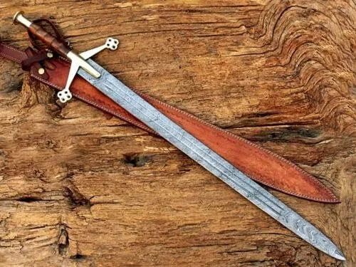 Vista 3 de Espada vikinga Claymore escocesa hecha a mano de acero de Damasco de 38 pulgadas de largo con funda de cuero.