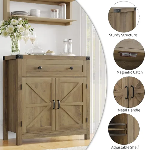 Vista 7 de HOSTACK Coffee Bar Cabinet, Kitchen Storage Cabinet, Modern Farmhouse Buffet Sideboard with Drawer and Adjustable Shelf, Barn Door Accent Cabinets