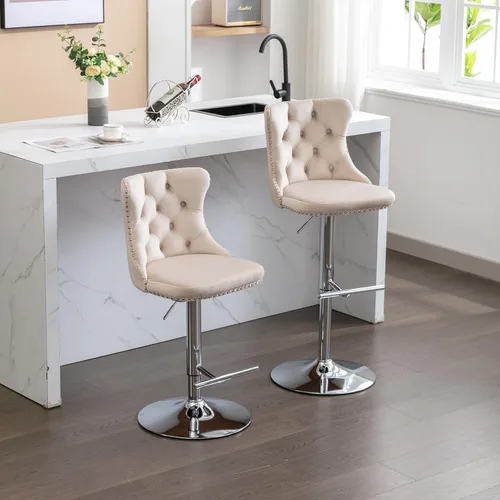 Vista 96 de Taburete de bar giratorio con respaldo copetudo, taburetes de bar ajustables en altura de mostrador, ribete de cabeza de clavo, silla de bar