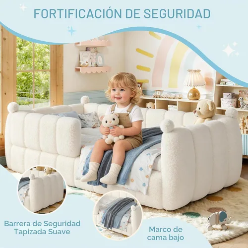Vista 5 de Bellemave Cama Montessori tapizada de tamaño individual con valla, color Peluche beige