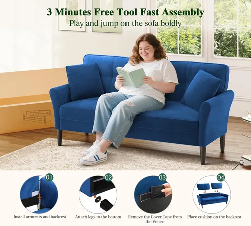 Vista 4 de Sofá biplaza de 69 pulgadas, sofás pequeños de terciopelo para espacios pequeños, sofás de dos plazas con 2 almohadas, sofás de dos plazas