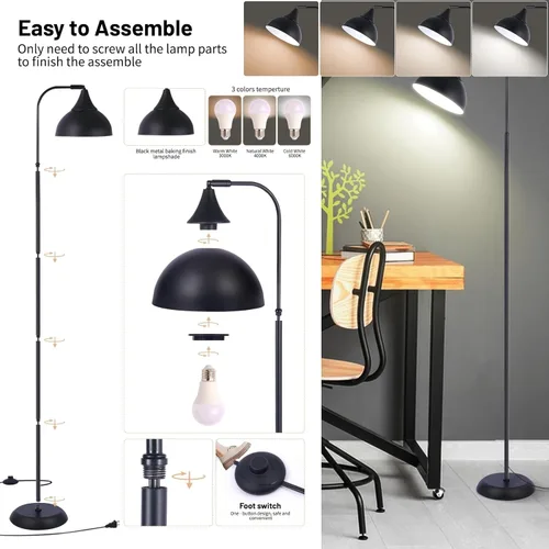 Vista 4 de Lámpara de pie LED industrial, lámpara de pie ajustable de metal negro para sala de estar, dormitorio, oficina, lámpara de lectura alta de cabeza