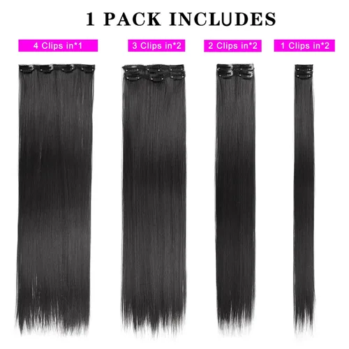 Vista 5 de Extensiones de cabello lacio con clip, de 24 pulgadas, 7 piezas, resistentes al calor, de fibra sintética de cabeza completa, con clip, para mujeres
