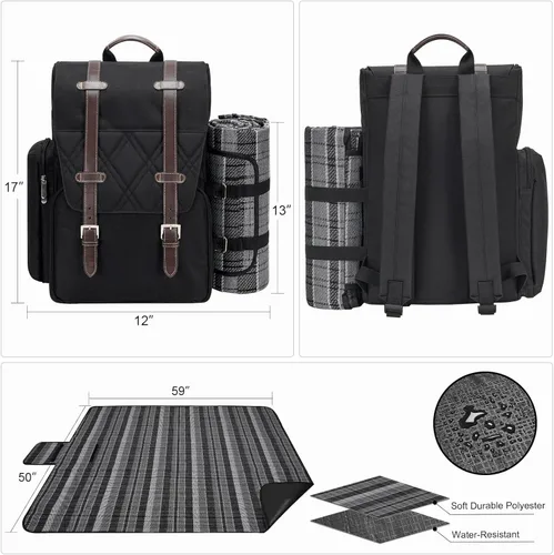 Vista 5 de Mochila de picnic para 2 personas con gran bolsa enfriadora aislada, juego de cesta de picnic con bolsa para vino, manta de picnic impermeable