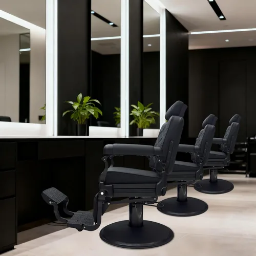 Vista 2 de Silla de barbero moderna MYS The Founder, silla de peluquero resistente modelo 8817, reclinable a 135°, cuero inoxidable, marco de aluminio