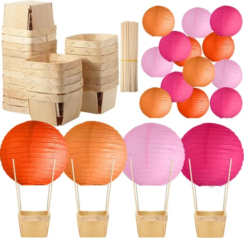 Vista 9 de Namalu Juego de 24 centros de mesa de globo de aire caliente, faroles de papel, cajas de madera para dulces con palos, manualidades para baby Serie