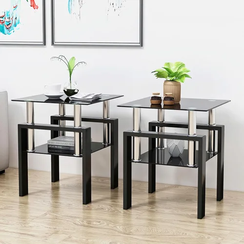 Vista 31 de IANIYA Juego de mesa de 3 piezas para sala de estar, moderno juego de mesa auxiliar de vidrio templado, mesa auxiliar de vidrio con marco de metal