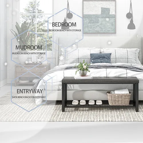 Vista 3 de FOLUBAN Banco industrial de almacenamiento de zapatos para entrada, pasillo, zapatero rústico para interiores, asiento para sala de estar