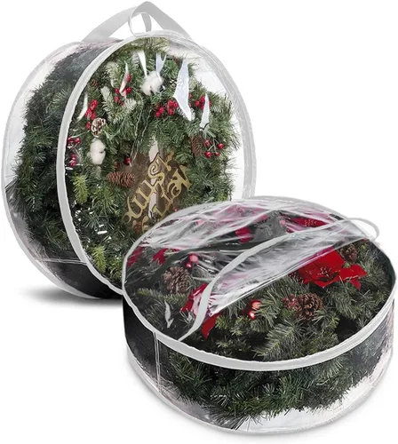 Vista 8 de ProPik Bolsa de almacenamiento para coronas de Navidad de 30 pulgadas, paquete de 2 contenedores transparentes de almacenamiento de coronas