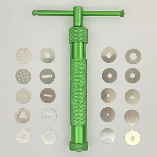 Vista 2 de Extrusoras de arcilla para fondant con 20 discos, juego de herramientas de decoración de pasteles de pasta de azúcar Verde