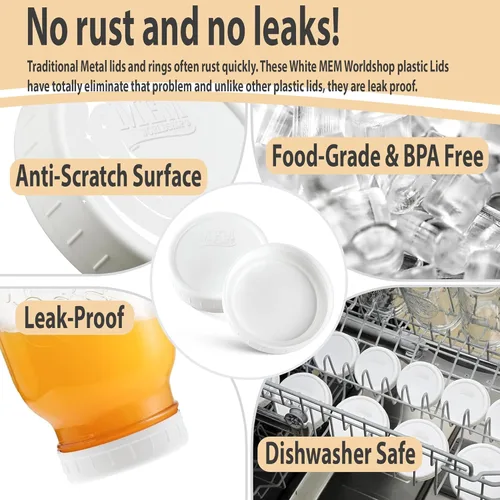 Vista 2 de Tarros Mason de boca ancha de 64 onzas – (paquete de 2) – tarros Mason de boca ancha de 64 onzas de medio galón con tapa de plástico blanca M.E.M