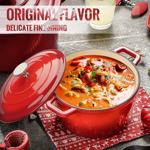 Vista 8 de Horno holandés esmaltado de hierro fundido con asas de bucle, horno holandés cubierto, olla esmaltada con tapa, rojo