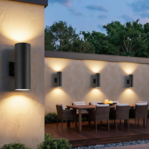 Vista 23 de mirrea Lámpara moderna para porche al aire libre en 2 luces con cilindro de aluminio negro mate y cubierta de vidrio templado, aplique de pared