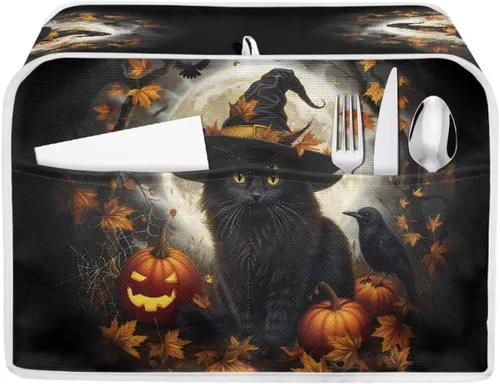 Vista 36 de Fundas para tostadora de gato negro de 2 rebanadas de ranura larga, lavable, cubierta de polvo de calabaza para pan, cubierta de Halloween