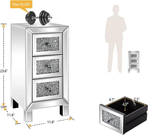 Vista 2 de VINGLI Mesita de noche con espejo de 3 cajones, mesa auxiliar de cristal, totalmente montada, color plateado