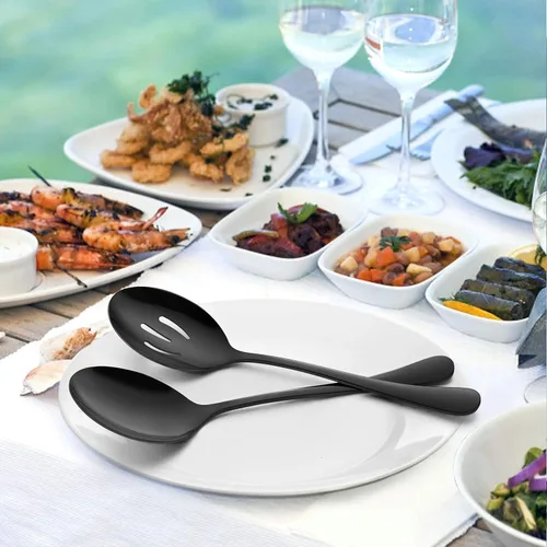Vista 6 de LIANYU 6 cucharas negras para servir, cucharas ranuradas negras, utensilios de servir de acero inoxidable para fiestas, bufé, restaurante, banquete