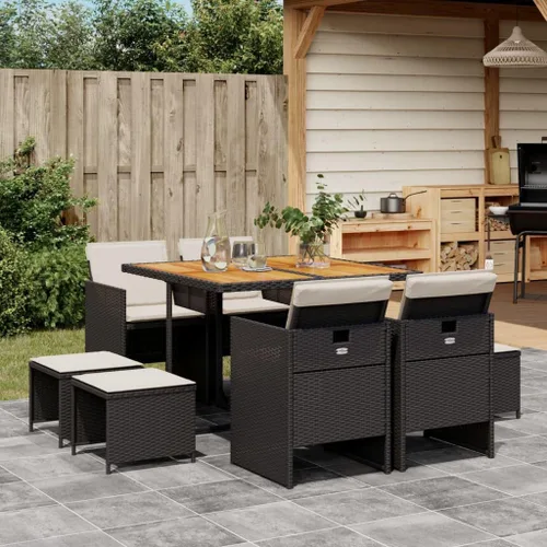 Vista 16 de 9 Piece Patio Dining Set with Cushions, Beige Poly Rattan Outdoor Furniture Set, Foldable Chairs and Stools, Tempered Glass Table for Garden