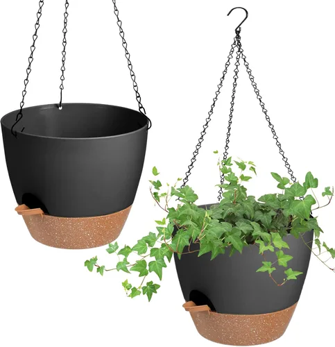 Vanslogreen Macetas colgantes para plantas de interior y exterior, paquete de 2 macetas colgantes de riego automático con agujeros de drenaje y Negro