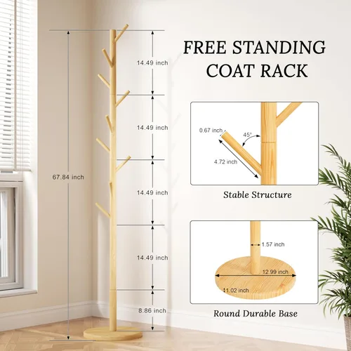 Vista 10 de Perchero de dos niveles independiente, fácil de montar, 8 ganchos, perchero de madera con almacenamiento para zapatos, árbol de abrigo resistente