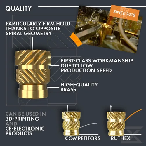 Vista 2 de ruthex Insertos roscados de 1/4 de pulgada – 20 piezas RX-1/4"-20x12.7 Insertos de latón para piezas de plástico – Tuercas moleteadas en pulgadas