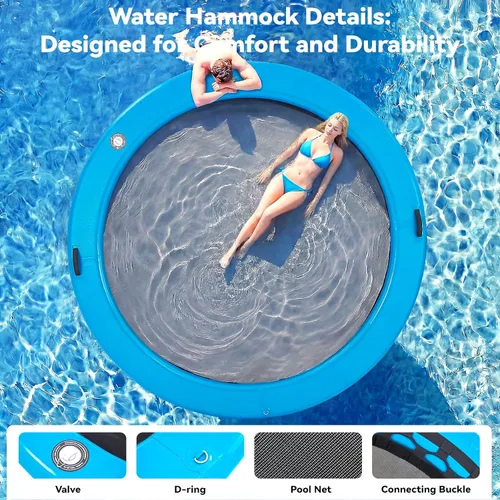 Vista 4 de 6-12FT Round Inflatable Floating Dock, Sunchill Float Ring, Water Hammock Tanning Pool Floats with Woven Fabric, Manual Pump for Quick