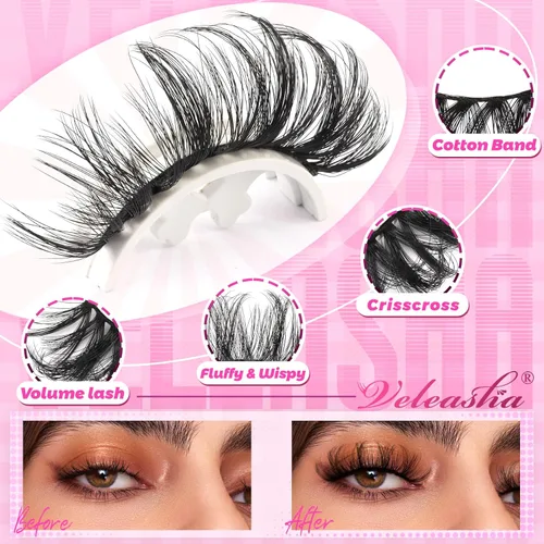 Vista 3 de Veleasha Pestañas postizas de visón sintético, esponjosas, finas, cruzadas, paquete de 10 pares de pestañas postizas para mujer (3D07)