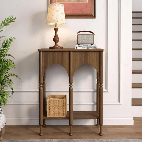 Vista 11 de Mesa consola de 40 pulgadas con estante de almacenamiento, mesa de entrada retro de 2 niveles, mesa de sofá de madera con patas de estilo romano