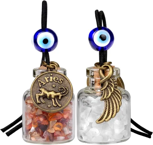 Vista 17 de Zodiac Birthstone Car Charms for Rearview Mirror Hanging - Two Gemstone Good Luck Bottles with Evil Eye Protection Bead and Guardian Angel Wing