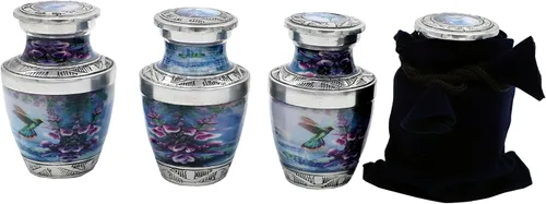 HLC URNS - Juego de 4 urnas de cremación de pájaros colibríes, urna de recuerdo para cenizas humanas con caja de terciopelo y 4 bolsas de