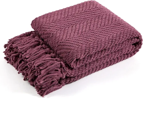 Vista 5 de Manta para sofá, funda de sofá suave de punto texturizado, manta de tweed morado con borlas de flecos para decoración del hogar, cama, sofá, silla