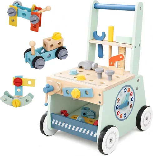 Andador de madera para bebés y banco de herramientas 2 en 1 con juego de Azul