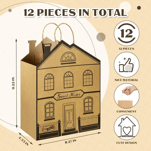 Vista 2 de Geosar 12 bolsas de regalo en forma de casa con asas, regalos para agentes inmobiliarios, bolsas de papel kraft con forma de casa para regalos