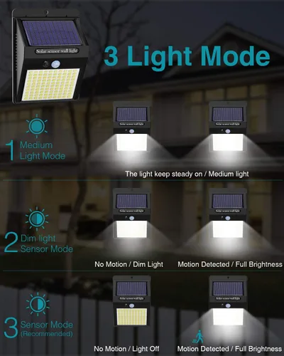 Vista 4 de 2 paquetes de luces solares para exteriores con sensor de movimiento - 3 modos/100 LED, luces solares de seguridad inalámbricas, resistentes al agua