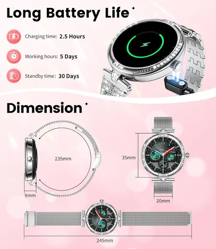 Vista 12 de LIGE Relojes inteligentes para mujeres (Responder/Realizar llamada) con diamantes, reloj inteligente AMOLED de 1.19” con monitor de ritmo