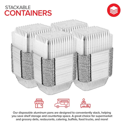 Vista 4 de Stock Your Home Sartenes pequeños de aluminio de 1 libra con tapas de plástico transparente (paquete de 100), utensilios de cocina desechables